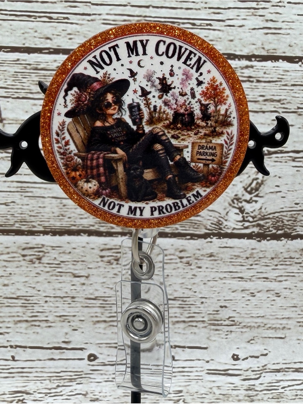 Glitter Orange 'Not My Coven' Badge Reel